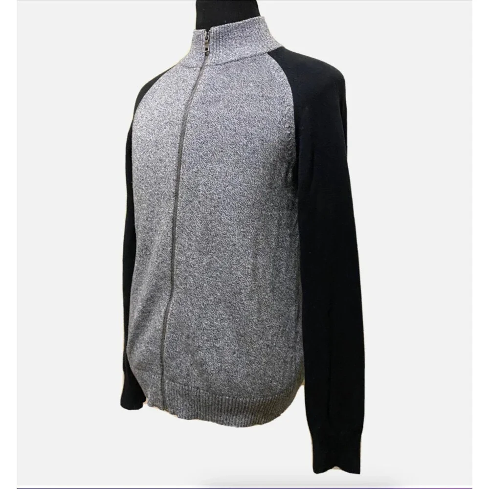 Banana Republic Mens Gray Black Mock Neck Full Zip Knit Sweater Jacket Pullover